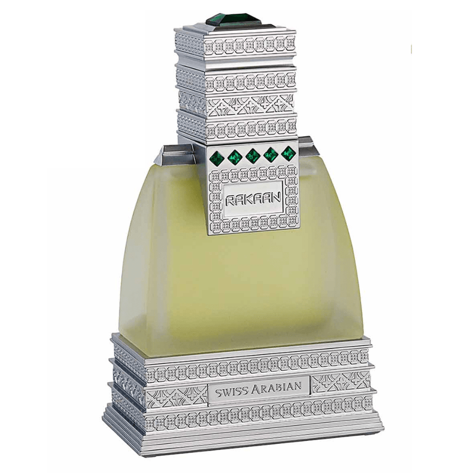 Swiss Arabian Rakaan for Men EDP 50ML, elegant glass bottle of masculine fragrance with sleek design and deep amber color.