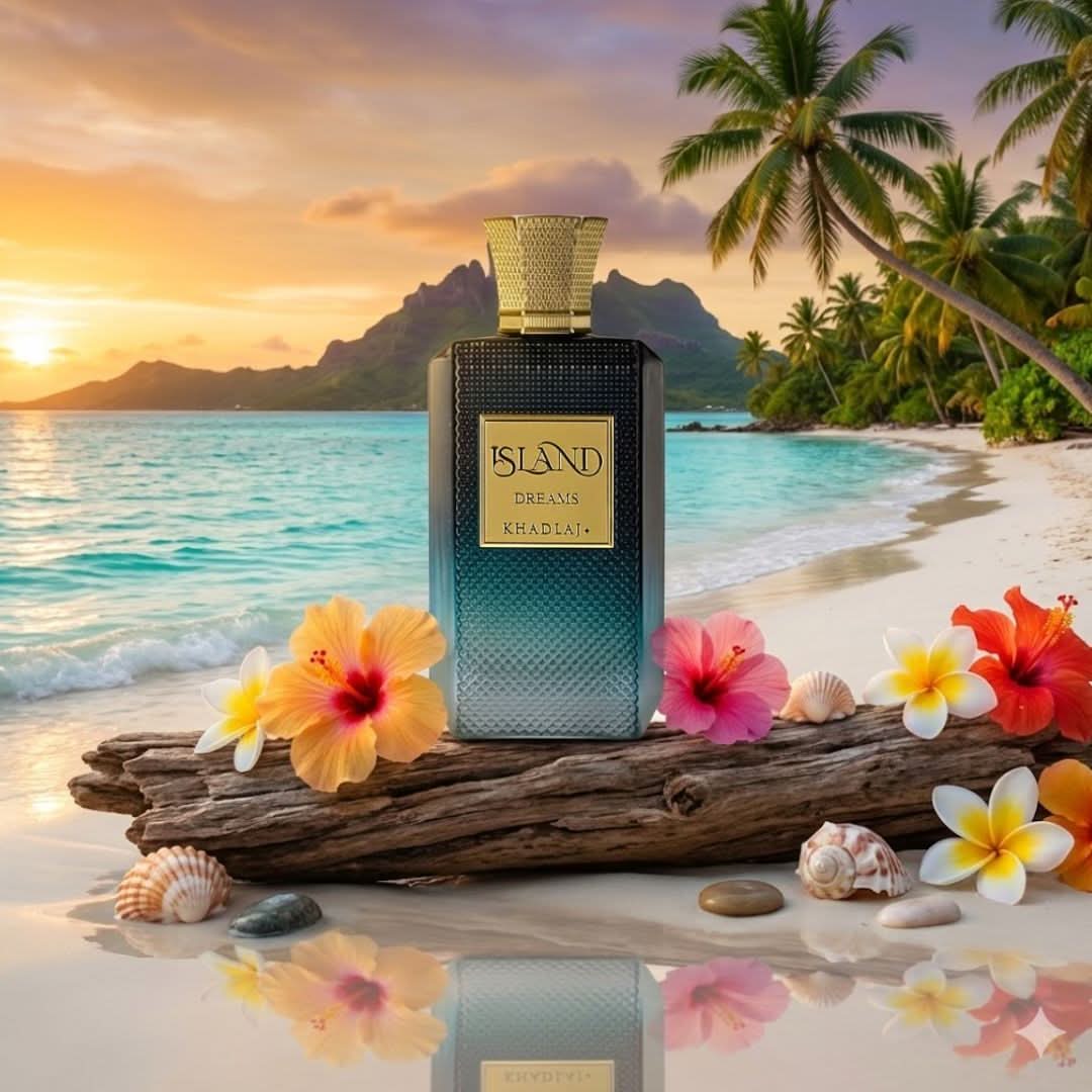 Khadlaj Island Dreams Eau de Parfum spray bottle, 100ml, with elegant packaging and floral design.