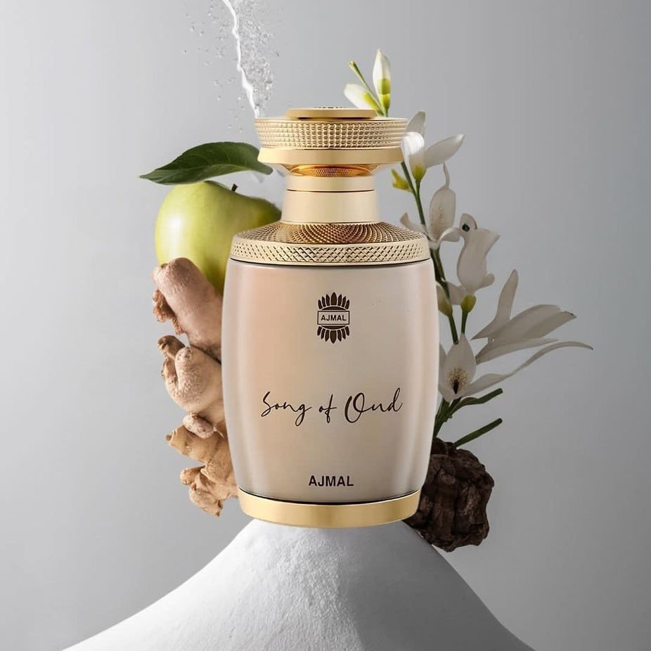 Ajmal Song of Oud EDP spray 75ML bottle with elegant floral design, showcasing a luxurious, long-lasting fragrance.