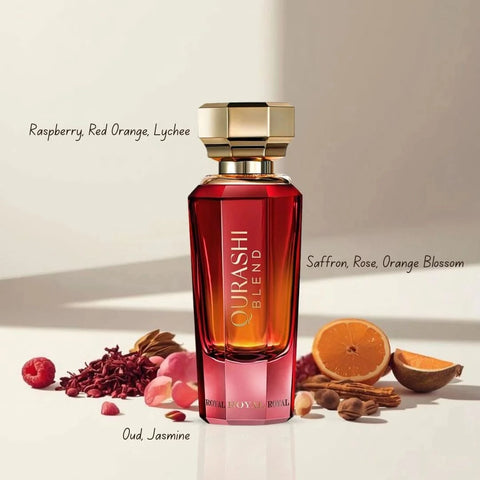 Al Qurashi Blend Royal Eau de Parfum spray bottle by ASQ, 90ml, featuring elegant packaging and luxurious fragrance design.