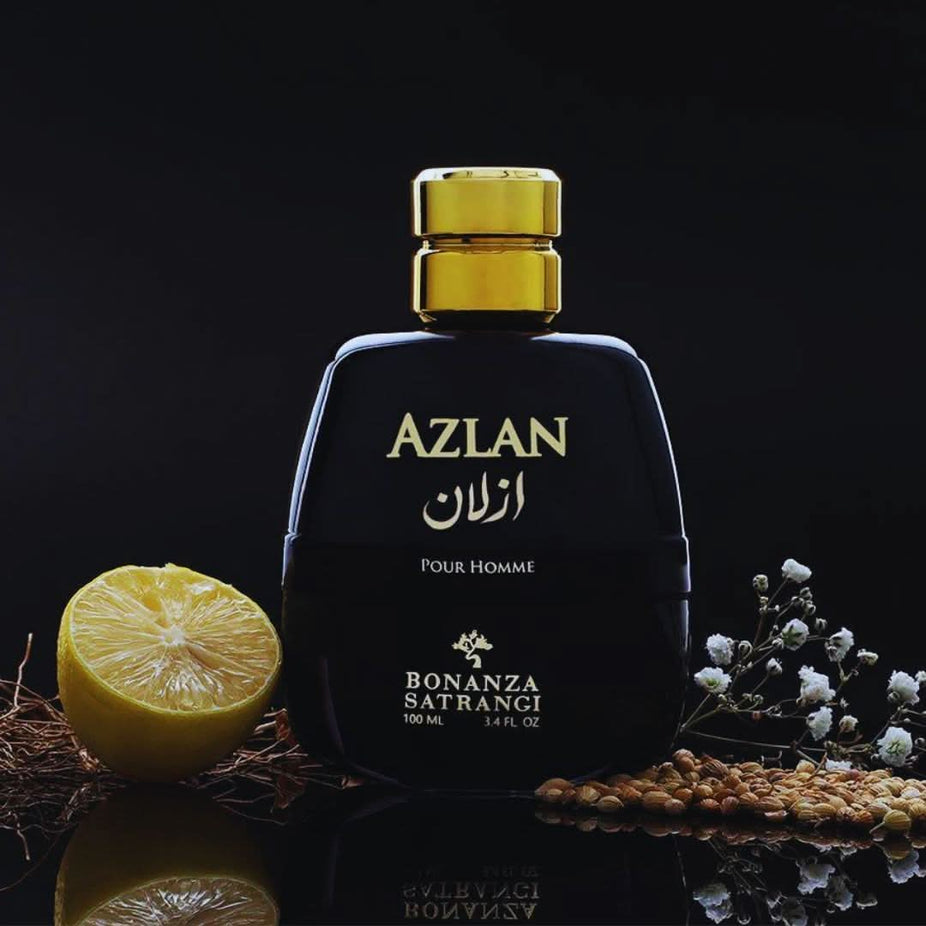 Azlan Pour Homme Eau De Parfum spray by Bonanza Satrangi, 100ml bottle with sleek design and black cap.