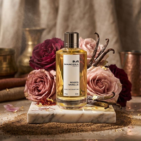 Mancera Roses Vanille Eau de Parfum spray 120ml bottle with elegant floral and vanilla-themed packaging.