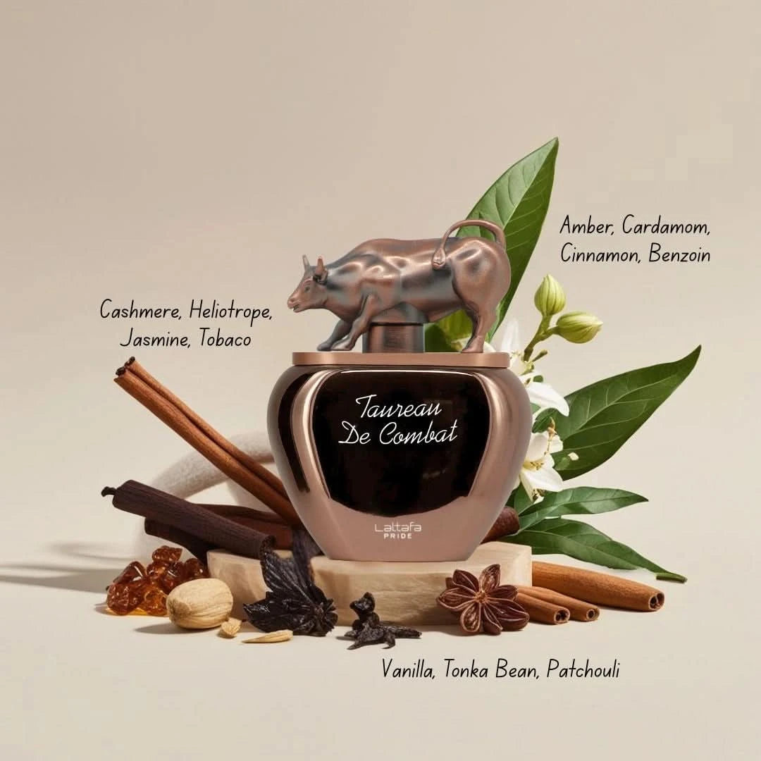 Lattafa Fire On Ice and Taureau De Combat Eau de Parfum spray bundle, 110ml and 100ml bottles, with sleek perfume packaging.