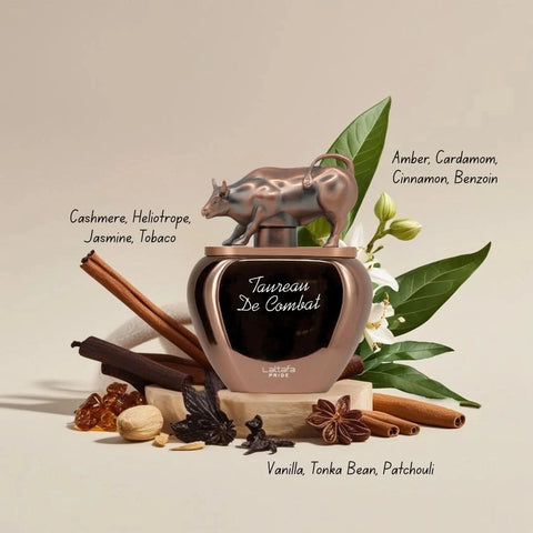 Lattafa Fire On Ice and Taureau De Combat Eau de Parfum spray bundle, 110ml and 100ml bottles, with sleek perfume packaging.