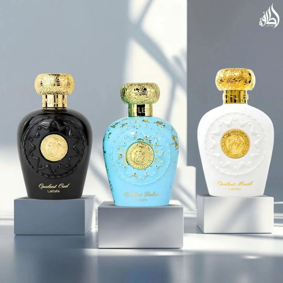 Lattafa Opulent Oud, Musk & Dubai Eau de Parfum bundle, 100ml each, featuring elegant bottles and luxurious scent designs.