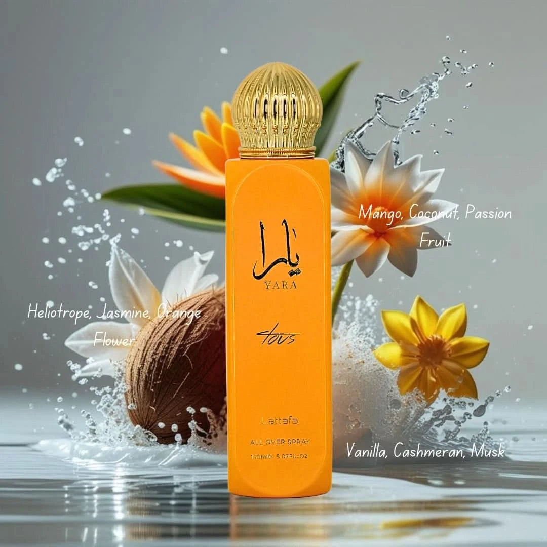 Bundle of Lattafa Yara & Yara Tous All Over Sprays 150ml bottles, featuring colorful packaging and spray nozzles.