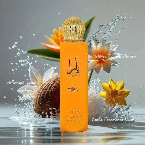 Bundle of Lattafa Yara & Yara Tous All Over Sprays 150ml bottles, featuring colorful packaging and spray nozzles.