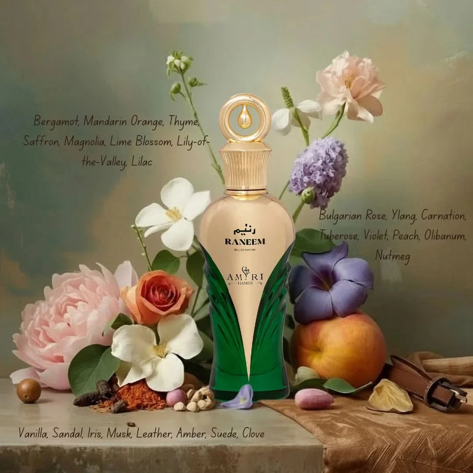 Hamidi Amiri Rahaf and Raneem Eau de Parfum sprays in 100ml bundle, featuring elegant perfume bottles with intricate designs.