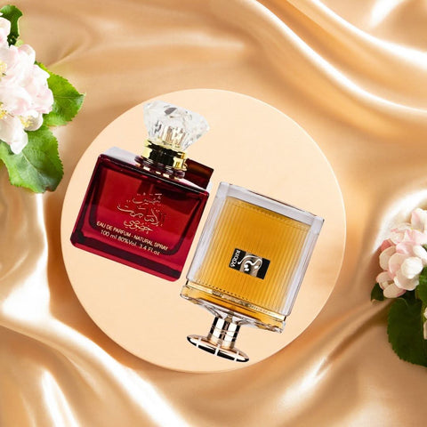Bundle of Riqqa and Shams Al Emarat Khususi Eau de Parfum sprays by Ard Al Zaafaran in 100ml bottles displayed together.
