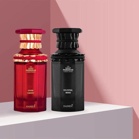 Hamidi Divine Cherry & Celestial Wood Eau de Parfum bundle with two 100ml spray bottles, showcasing elegant packaging and fragrance bottles.
