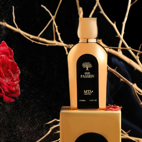 MTJ Oud Passion Eau de Parfum spray 100ml bottle, elegant design with a dark amber fragrance theme.