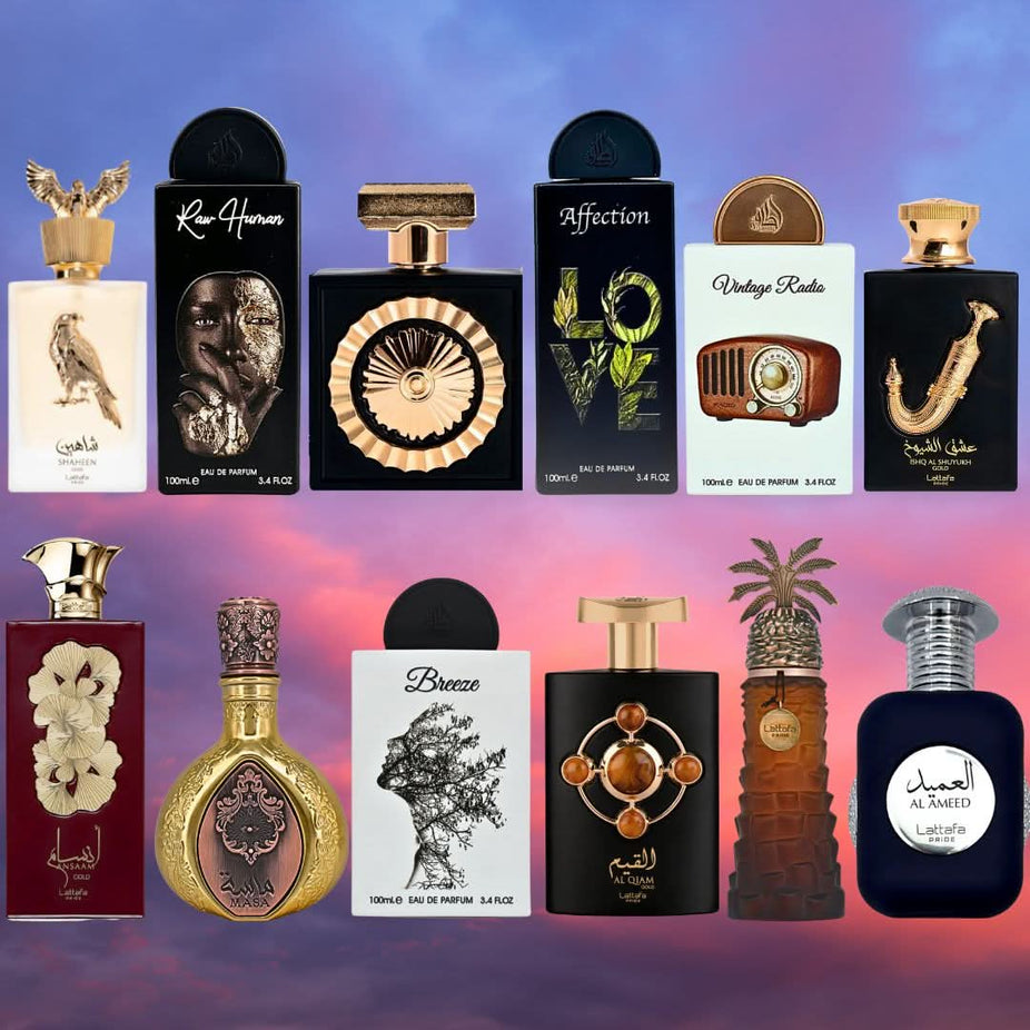 Lattafa Pride Collection Eau de Parfum sprays 100ml, featuring 12 bottles with elegant bottles and labels, branded packaging.