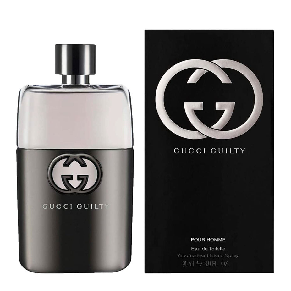 Gucci Guilty Pour Homme 90ml Eau de Toilette bottle, sleek design with a dark glass finish, representing sophistication and masculinity.