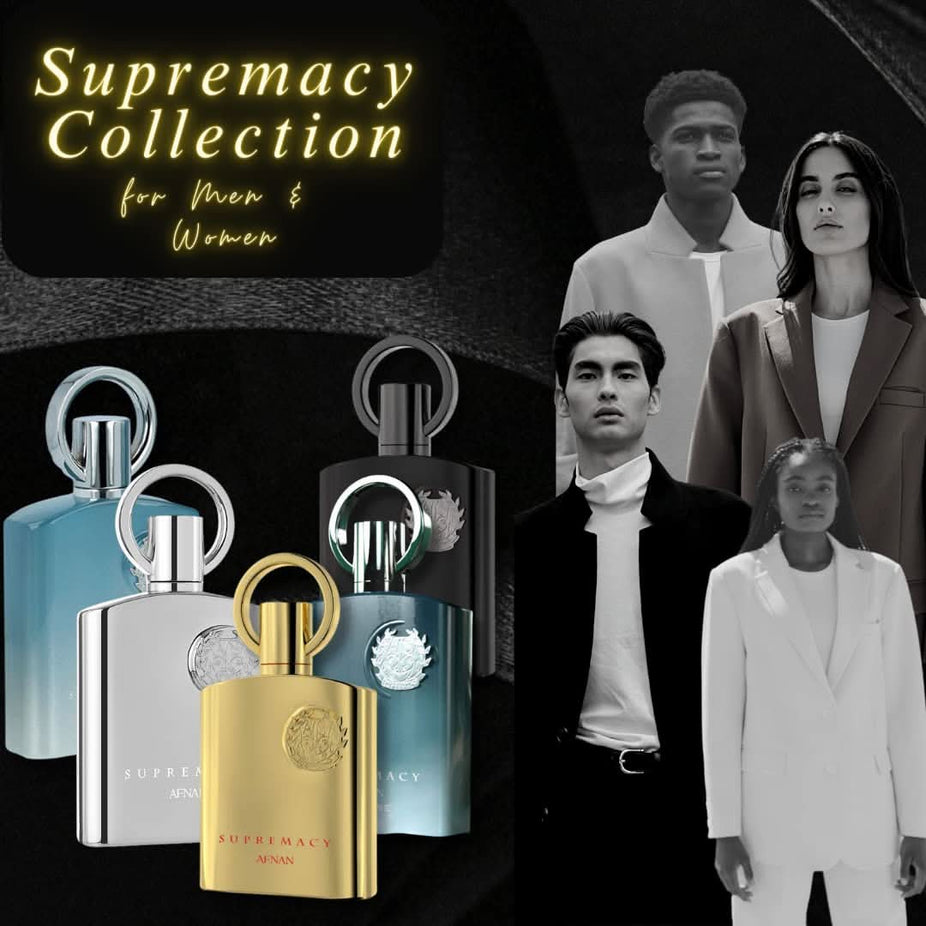 A collection of 100ml Afnan Supremacy Gold, Silver, Noir, Heaven & Incense Eau de Parfum sprays arranged together.