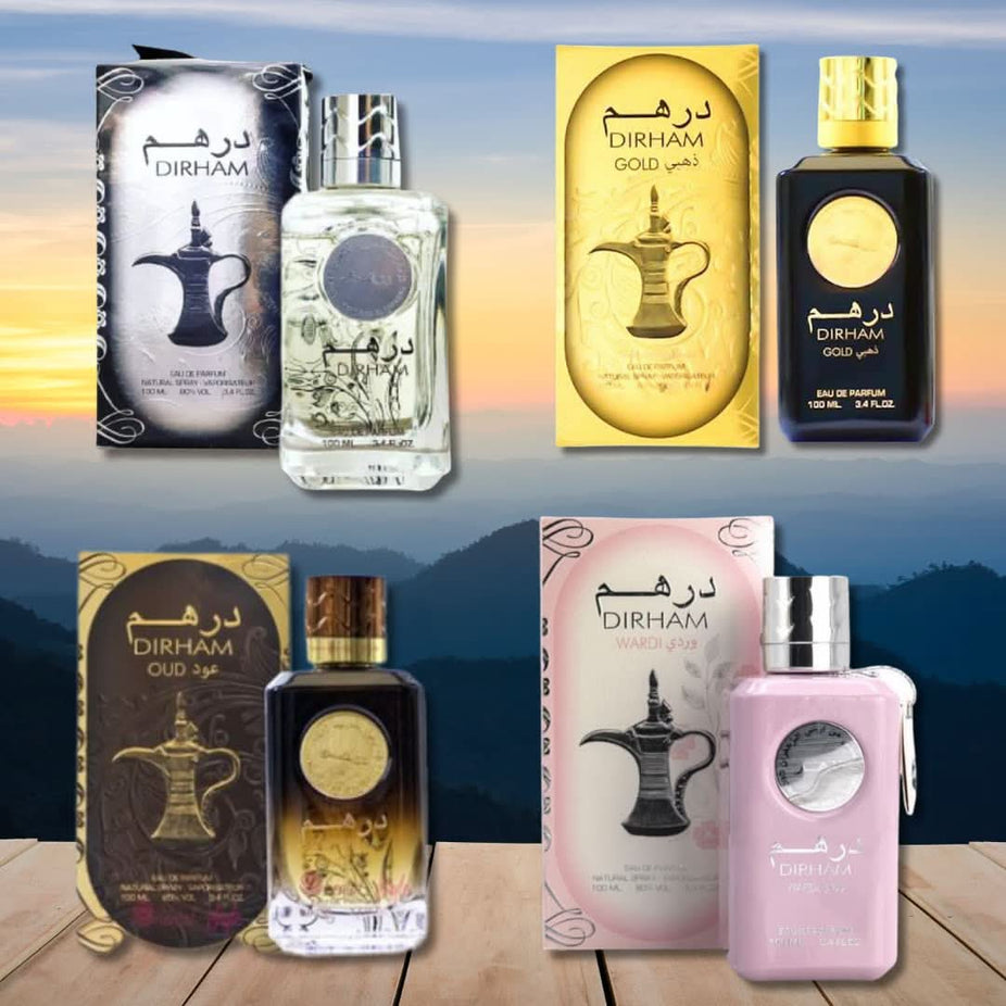 Elegant Ard Al Zaafaran Dirham Wardi Eau De Parfum bottle in gold, silver, and oud scents for men and women, 100ml.