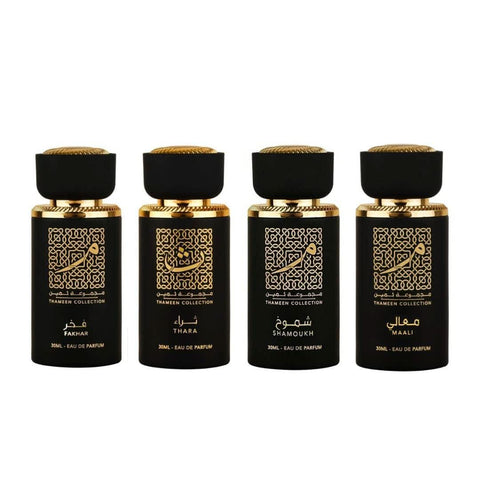 Fakhar Thara Maali & Shamoukh EDP perfume bottle by Lattafa Perfumes, 30ml, elegant glass bottle with fragrance bottle design