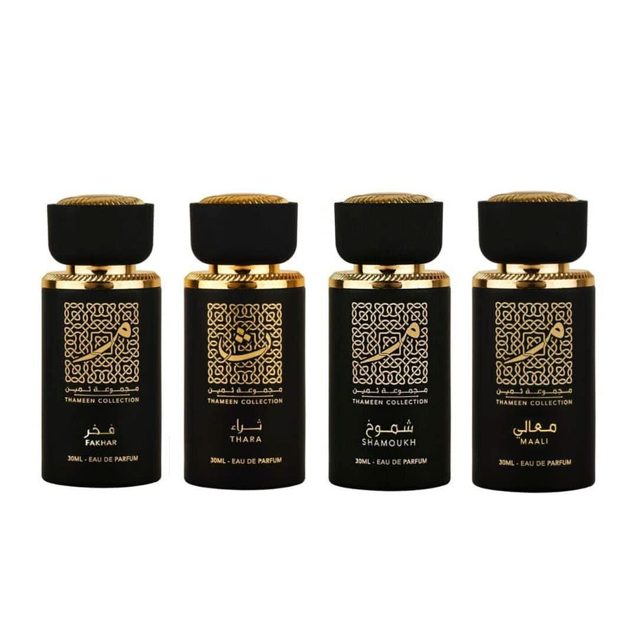 Lattafa Fakhar Thara Maali Shamoukh EDP 30ml perfume bottle with elegant packaging and fragrance label.