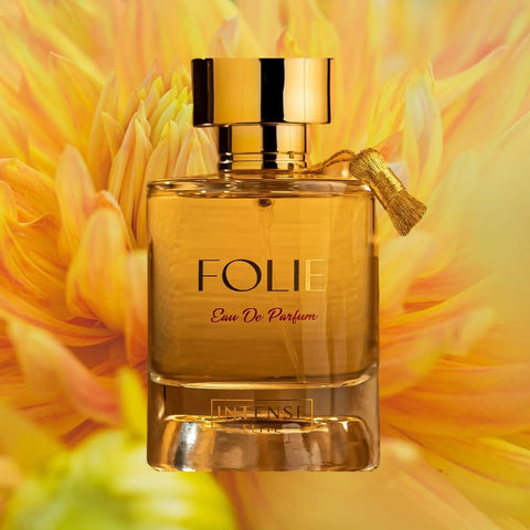 Intense Elite Folie Eau de Parfum spray 100ml in velvet pouch, elegant perfume bottle with floral and woody notes.