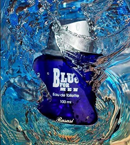 Rasasi Blue Lady and Blue for Men couple perfume bundle, featuring two elegant perfume bottles with blue accents.