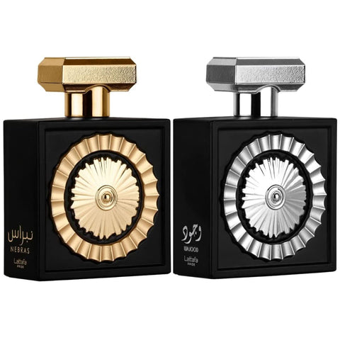 Lattafa Pride Nebras & Wajood EDP Eau De Parfum 100ml bottle with sleek design and elegant packaging.