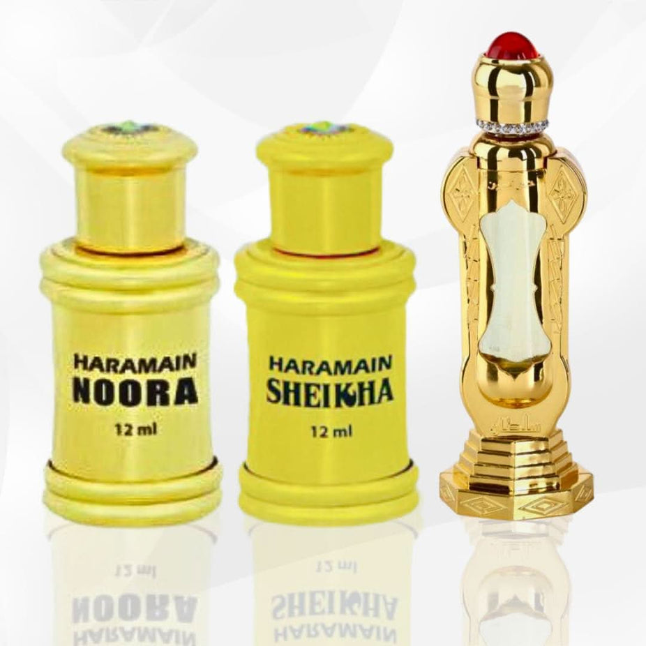 Al Haramain Noora, Sheikha & Sultan CPO concentrated perfume oil bottles, 12ml, with elegant packaging and ornate design.