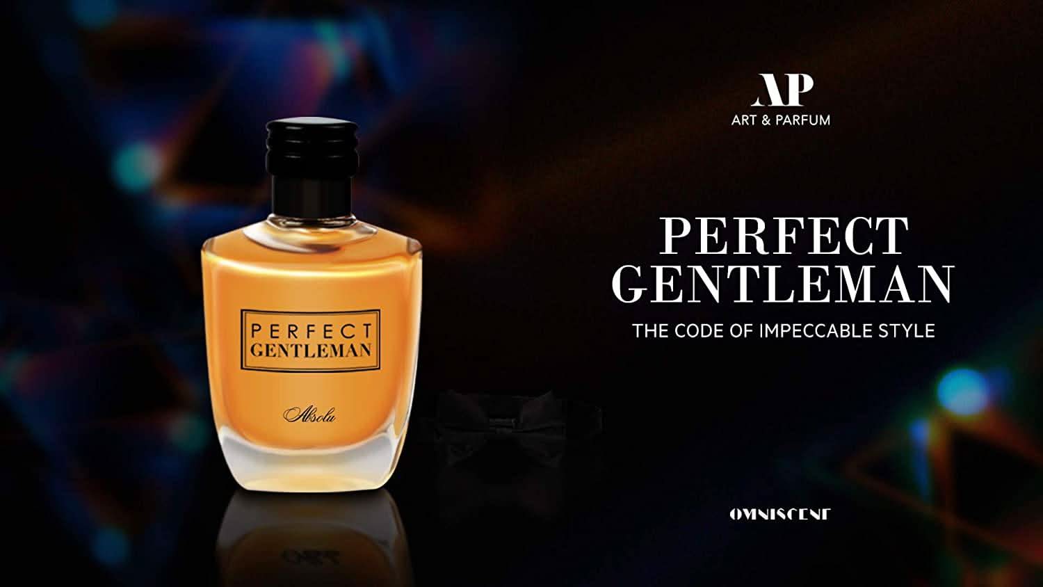 Art & Parfum Perfect Gentleman Absolu Men Eau De Parfum bottle, 100ML, sleek design, black cap, and elegant label.