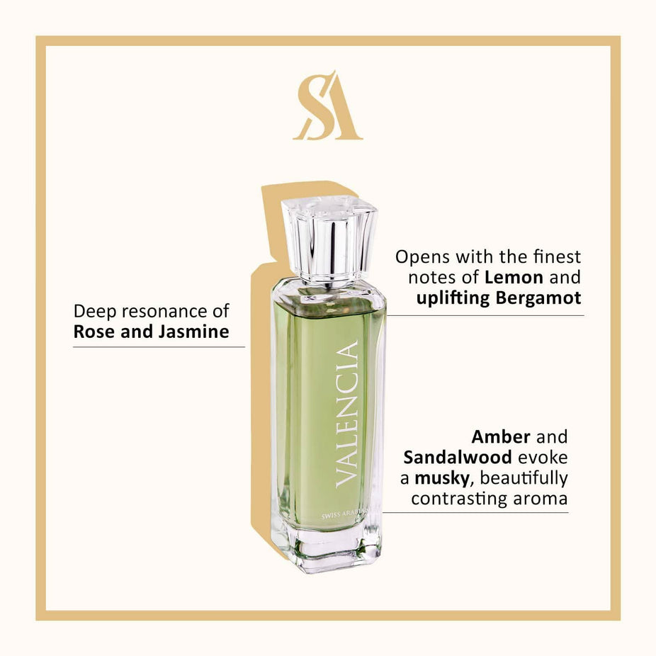 Swiss Arabian Valencia Eau De Parfum 100 ml bottle with elegant packaging, showcasing the fragrance's luxurious design.