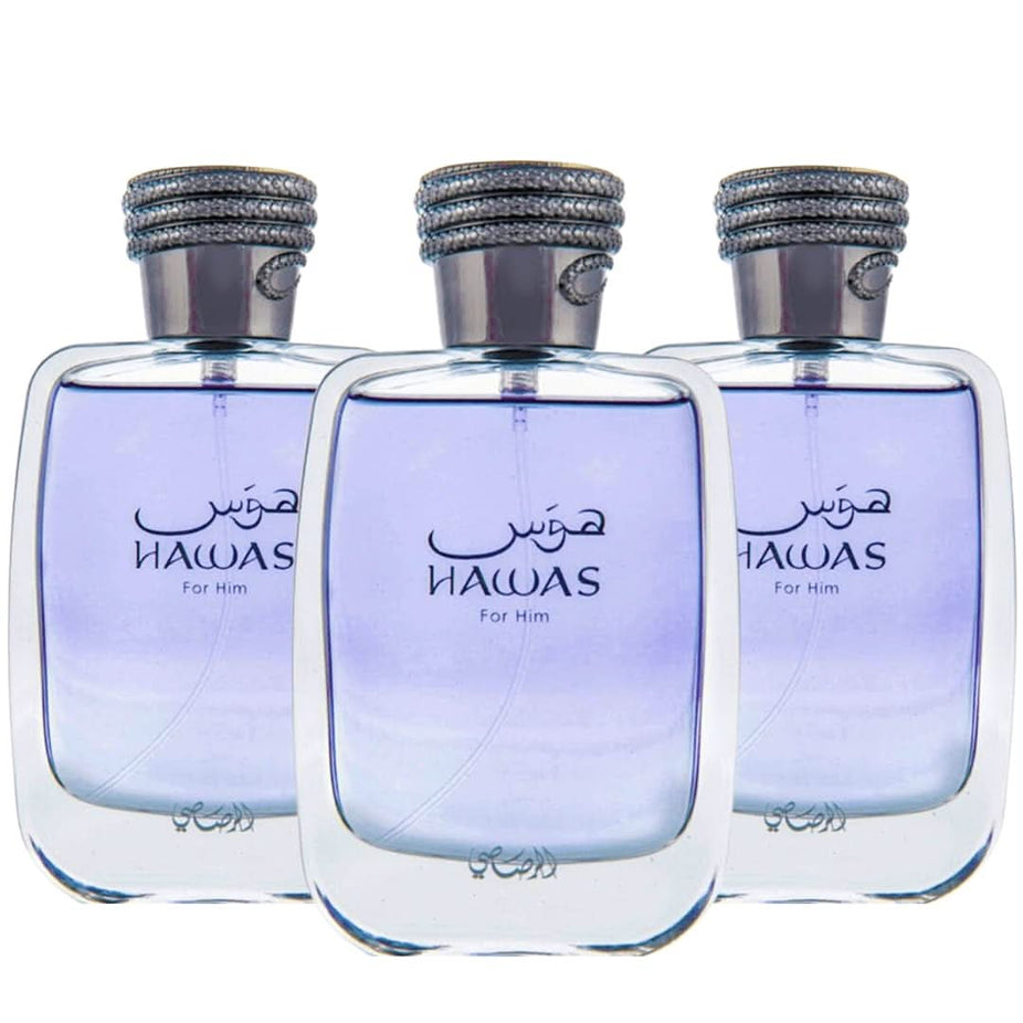 Three bottles of Rasasi Hawas for Him Eau de Parfum Spray, 100ml each, in a value pack, featuring sleek glass bottles with cap.