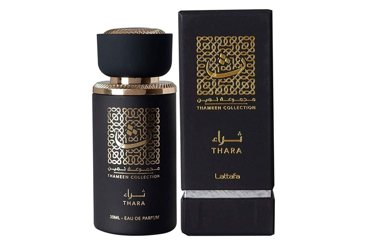 Lattafa Thara EDP 30mL perfume bottle with elegant packaging and floral accents, showcasing the Eau De Parfum design.