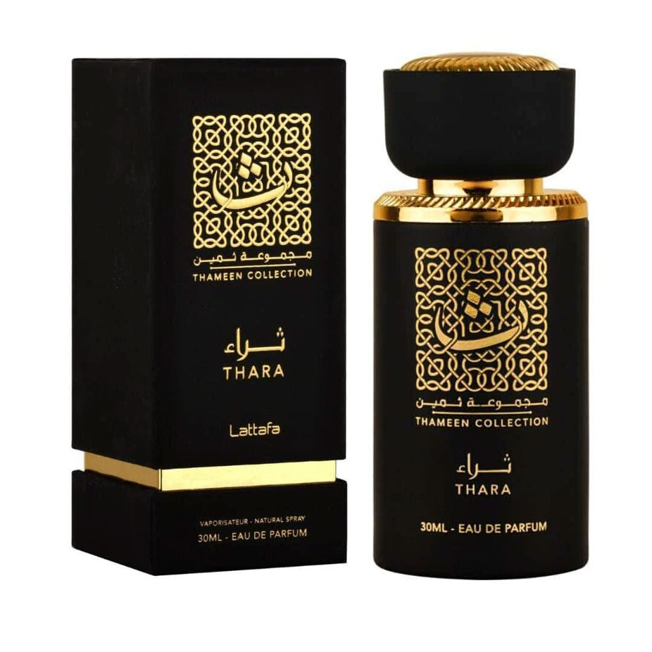Lattafa Fakhar Thara Maali Shamoukh EDP 30ml perfume bottle with elegant packaging and clear label display.