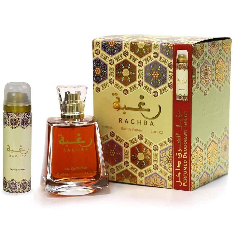 Lattafa Raghba Xtra Value Eau De Parfum 100ml bottle with elegant packaging, showcasing the fragrance design and branding.