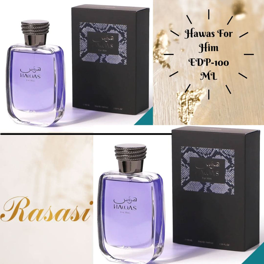Rasasii Hawas Men Set 2 EDP bottles featuring apple and bergamot notes, 100ml each, for a fresh and captivating fragrance experience.