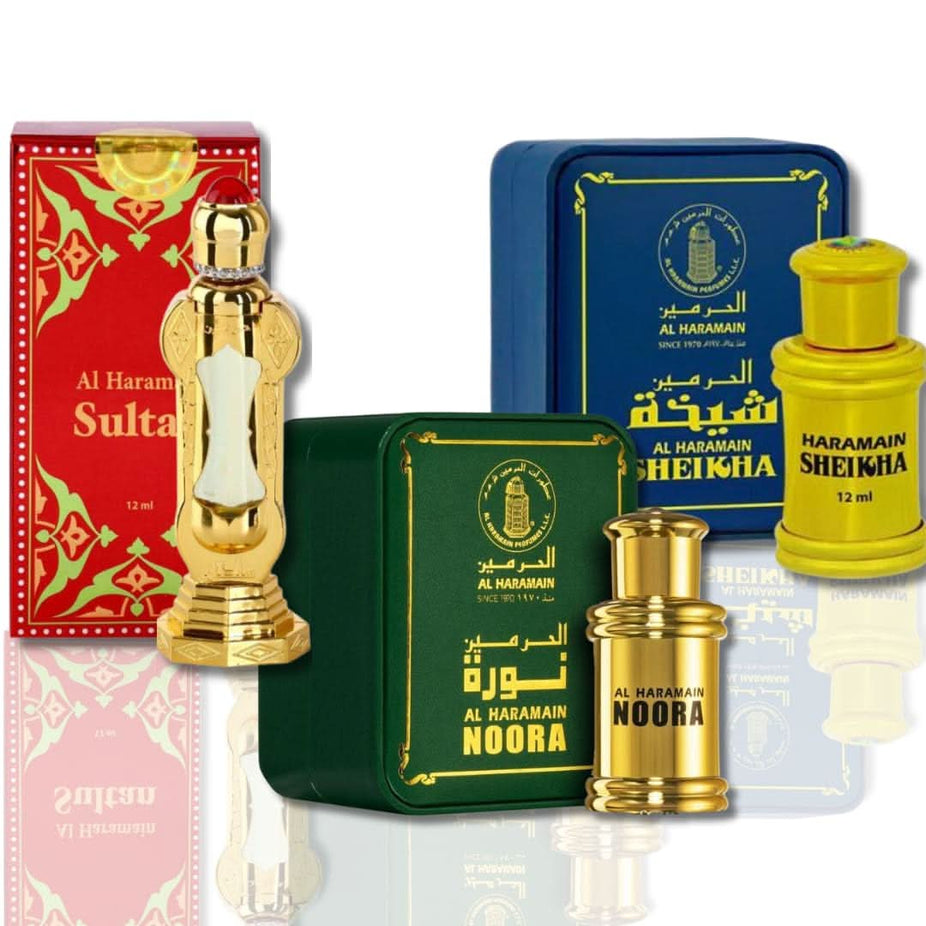 Al Haramain Noora, Sheikha & Sultan CPO concentrated perfume oil, 12ML, featuring elegant glass bottles with intricate designs.