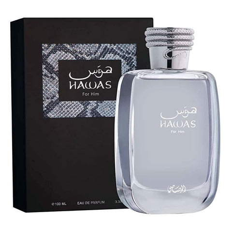 Rasasi Hawas Faqat Lil Rijjal men's fragrance bundle featuring EDP bottles with elegant packaging and branding.