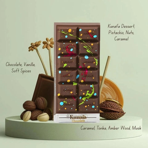 Dubai Delicacy Kunafa Chocolate Eau de Parfum Spray by Armaf, 70ml, with a sleek glass bottle and elegant parfum design.