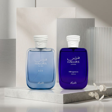 Hawas Sapphire & Hawas Ice Eau de Parfum Sprays 100ml (3.4 oz) by Rasasi (Bundle)