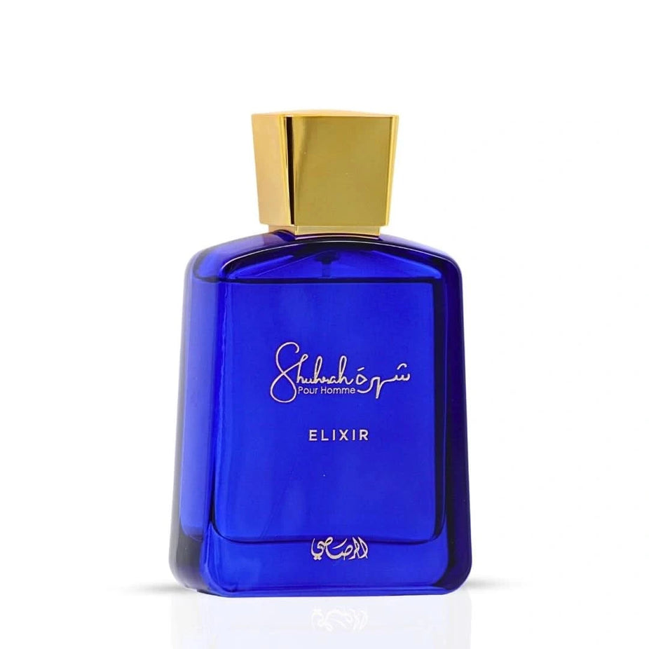Rasasi Shuhrah Elixir Pour Homme Eau de Parfum spray bottle, 90ml, with elegant design and branding visible.