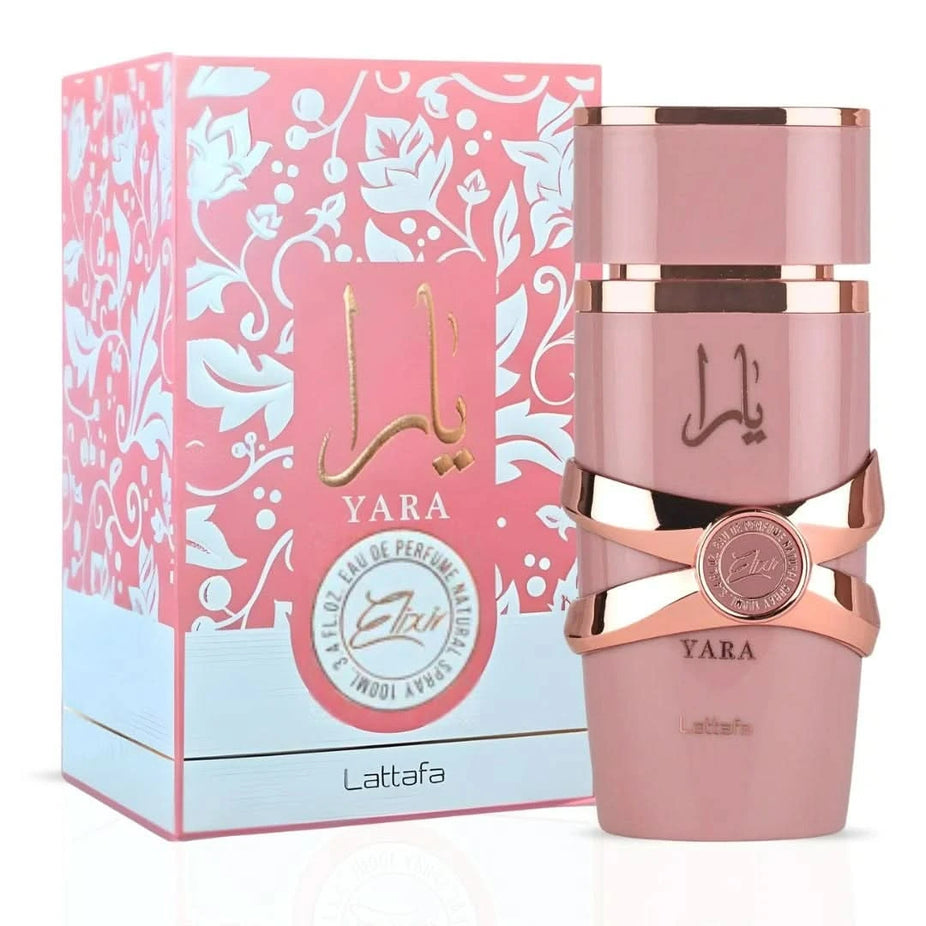 Lattafa Yara and Raneen Elixir Eau De Parfum spray bundle, 100ml and 80ml bottles with elegant perfume bottles.
