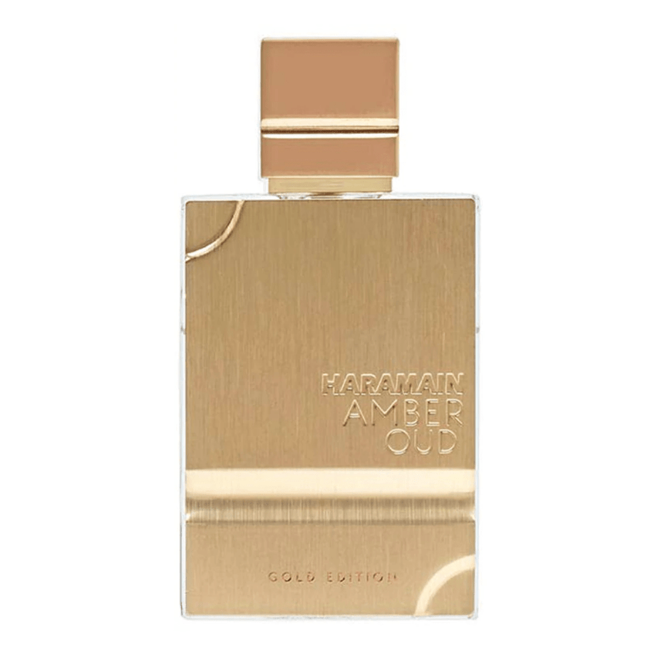Amber Oud Gold Edition Eau de Parfum spray by Al Haramain, featuring a luxurious gold bottle with amber-colored liquid.