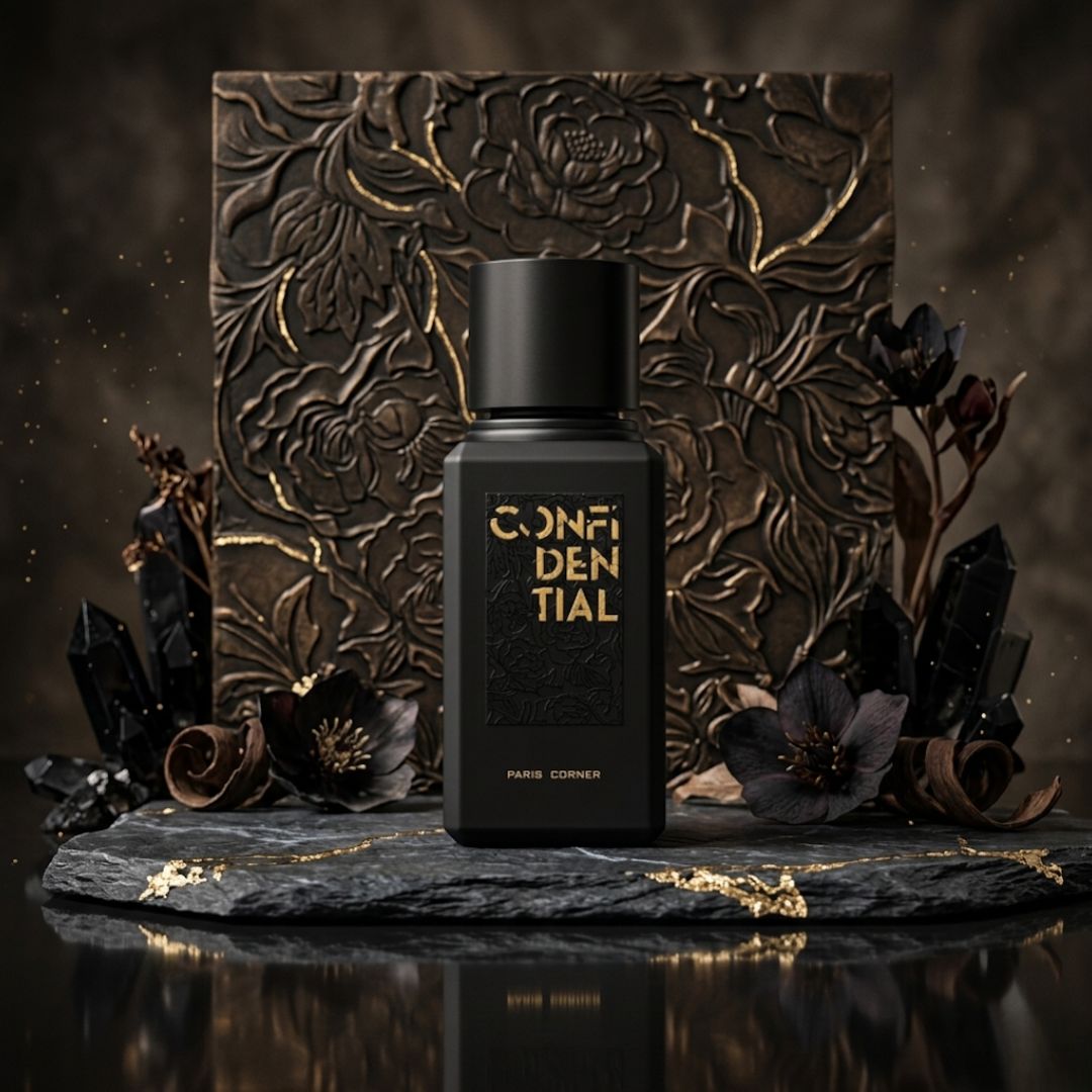Confidential Eau de Parfum Spray 100ml by Paris Corner, elegant glass bottle with black cap, showcasing the fragrance inside.