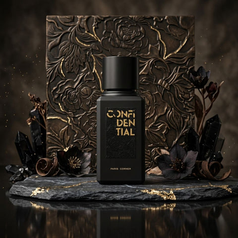 Confidential Eau de Parfum Spray 100ml by Paris Corner, elegant glass bottle with black cap, showcasing the fragrance inside.