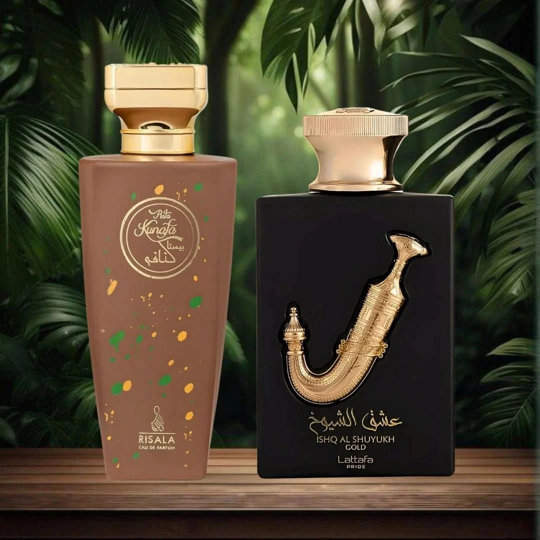 Bundle of Lattafa Pista Kunafa and Ishq Al Shuyukh Gold Eau de Parfum sprays, 100ml bottles, featuring elegant packaging and branding.
