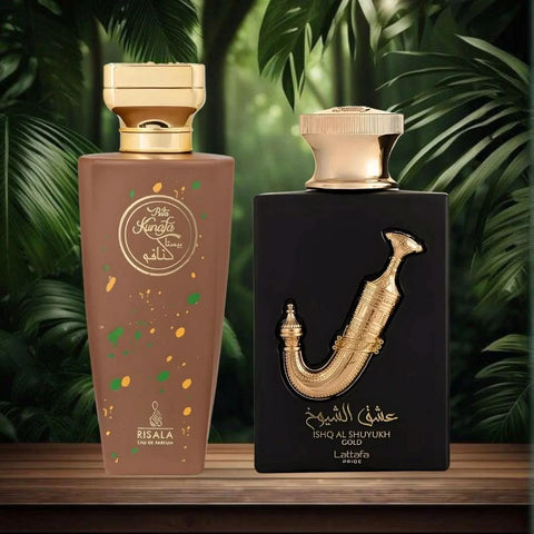 Bundle of Lattafa Pista Kunafa and Ishq Al Shuyukh Gold Eau de Parfum sprays, 100ml bottles, featuring elegant packaging and branding.