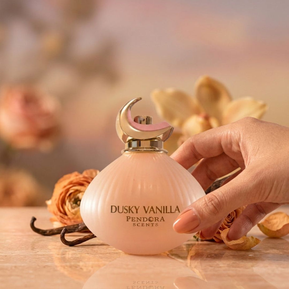 Dusky Vanilla Eau de Parfum spray by Paris Corner, 100ml bottle with elegant design, showcasing the fragrance's luxurious essence.