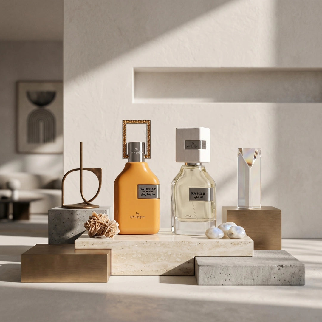 Bundle of two Ard Al Zaafaran Saheb Intense and Sahebat Al Jamal Eau de Parfum sprays in 70ml bottles, displayed together.