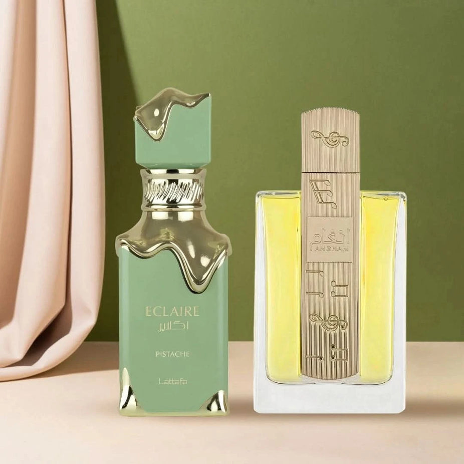 Lattafa Eclaire Pistache & Angham Eau de Parfum bundle with two 100ml spray bottles, featuring elegant packaging and floral designs.
