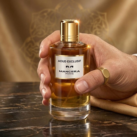 Mancera Aoud Exclusif Eau de Parfum spray bottle, 120ml, with elegant packaging and fragrance details visible.