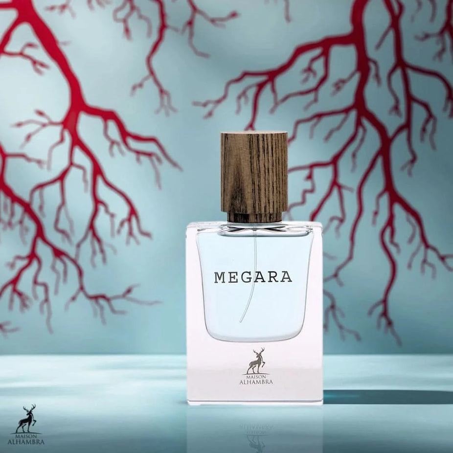 Maison Alhambra Megara Eau de Parfum Spray 50ml with elegant glass bottle and minimalist design.