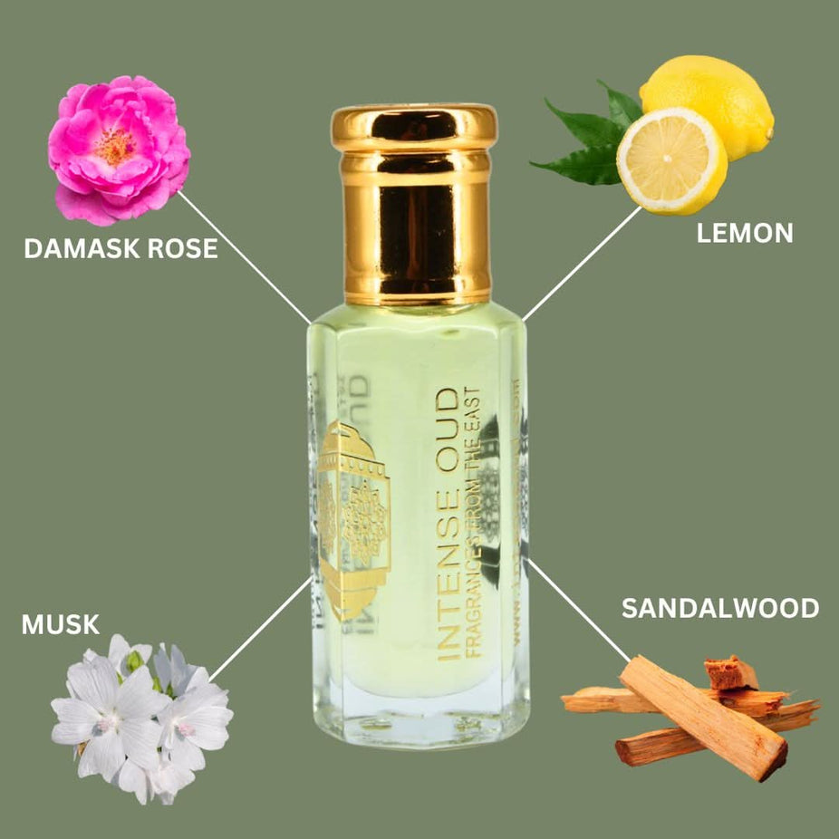 Intense Oud Rose Musk perfume oil in a 12ml bottle with a black gift box, featuring a sleek loose oil design.