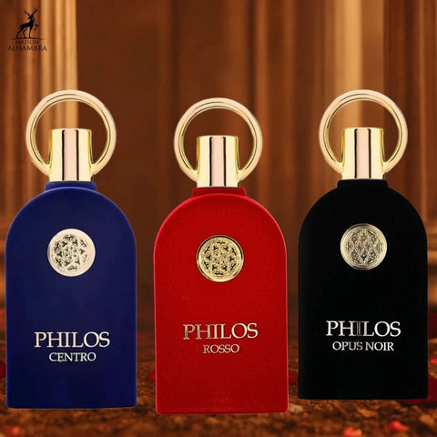 Bundle of Maison Alhambra Philos Centro, Philos Opus Noir, and Philos Noir Eau de Parfum sprays in 100ml bottles.